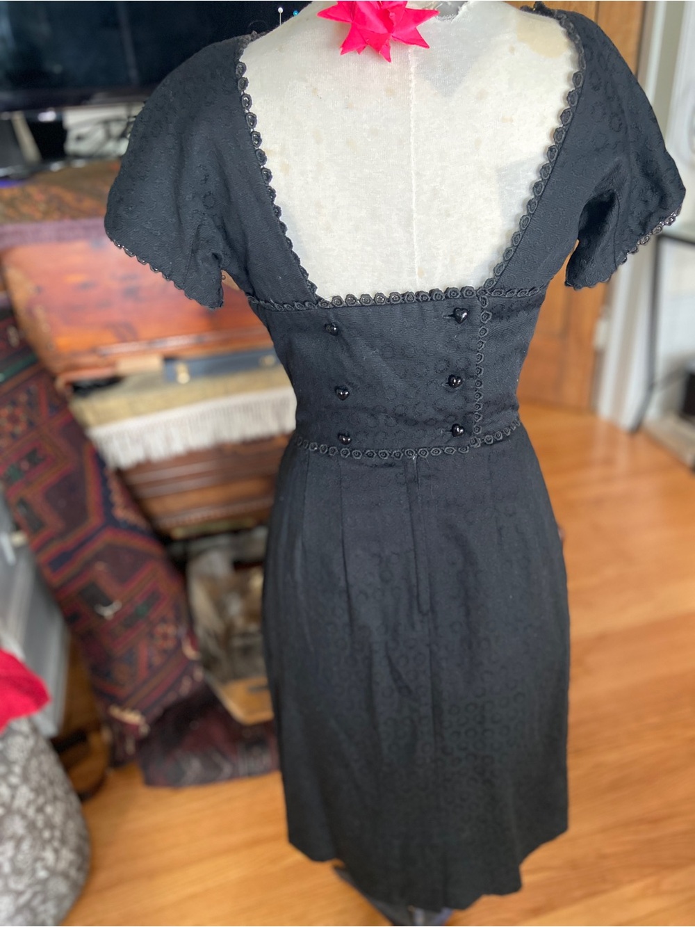 Vintage Maggi Stover late 50’s Black Textured Lace-Trim Sleeve Top.